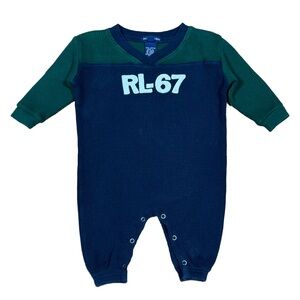VINTAGE 90s Polo Ralph Lauren Boys Green and Blue Colorblock Thermal Romper 3-6M